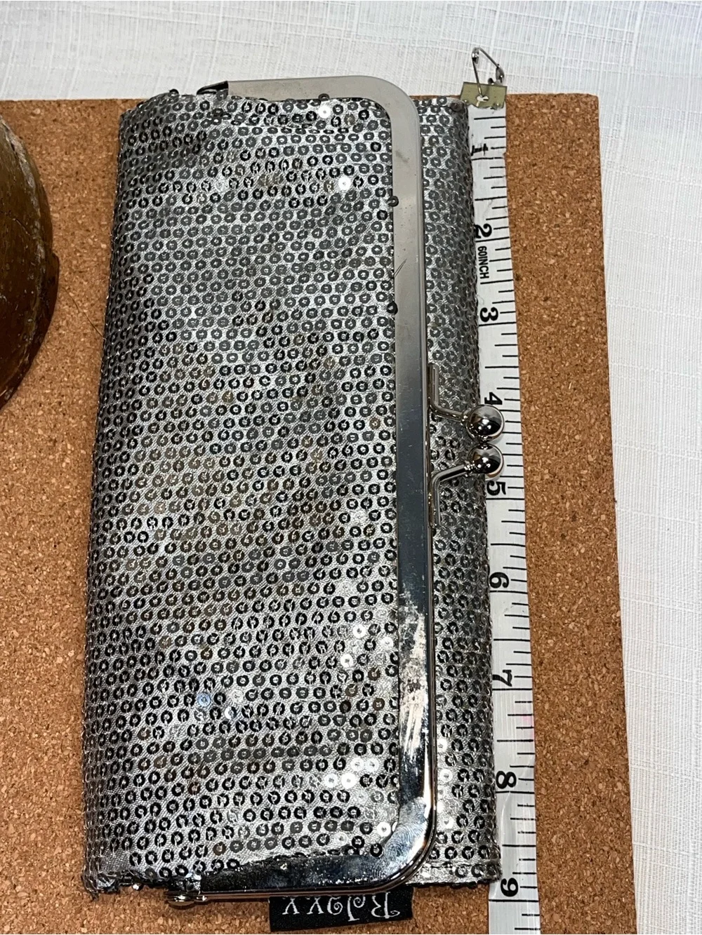 Metallic Silver Sequin Clutch Wallet Kiss Lock Frame Checkbook Organizer Evening